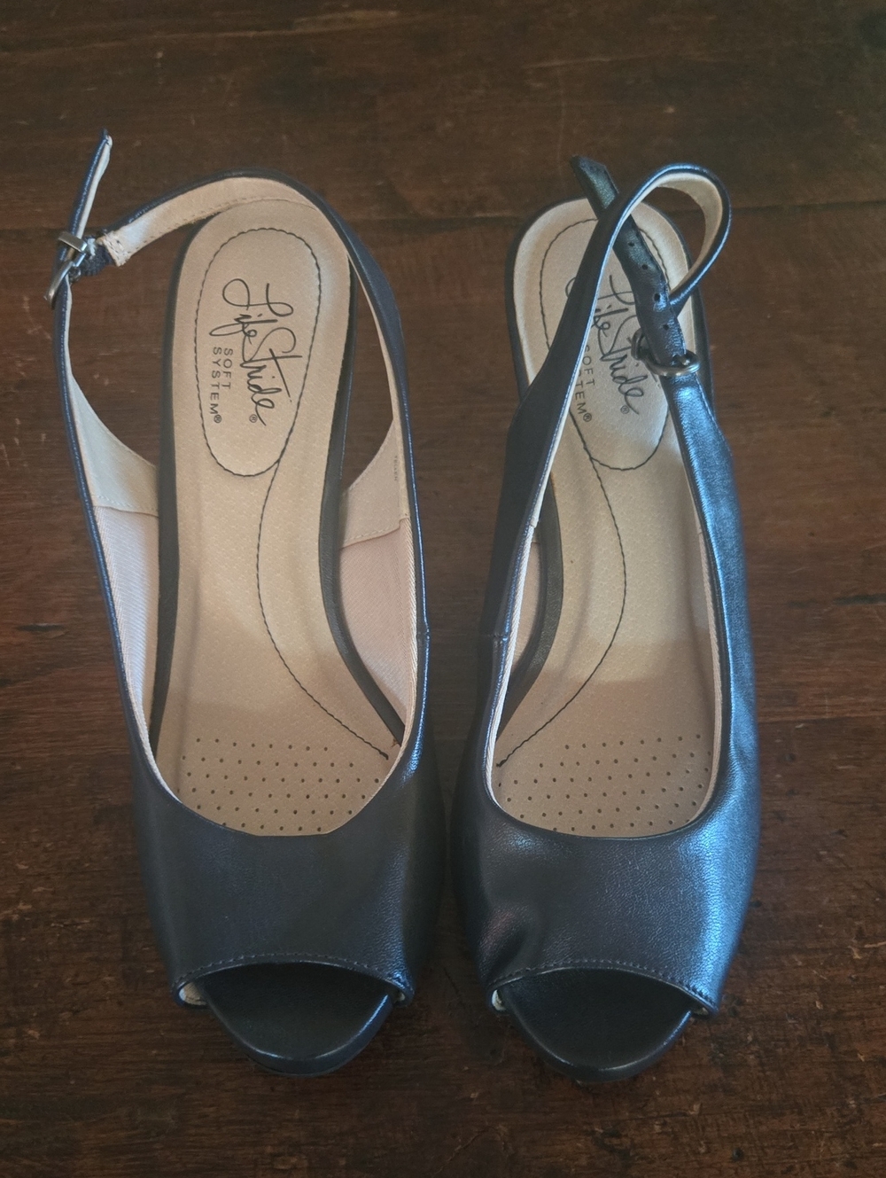 Life Stride Black Peep-Toe Slingback Heels